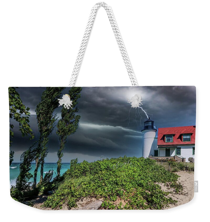 Northernmichigan Weekender Tote Bag featuring the photograph Storm at Point Betsie Lighthouse IMG_2623 by Michael Thomas