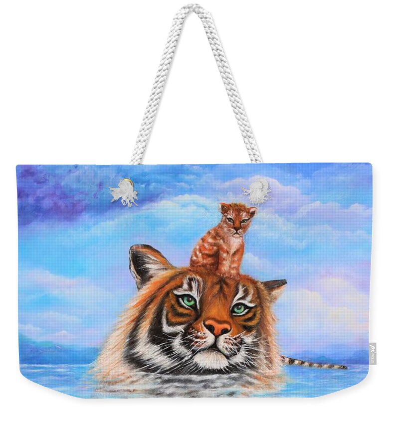 Wall Art Home Decor Tiger Baby Tiger Blue Sky Blue Water Clouds Stormy Clouds Lake Gift For Him Gift For Her Art Gallery Siberian Tiger Amur Tiger Weekender Tote Bag featuring the photograph Storm is Coming by Tanya Harr