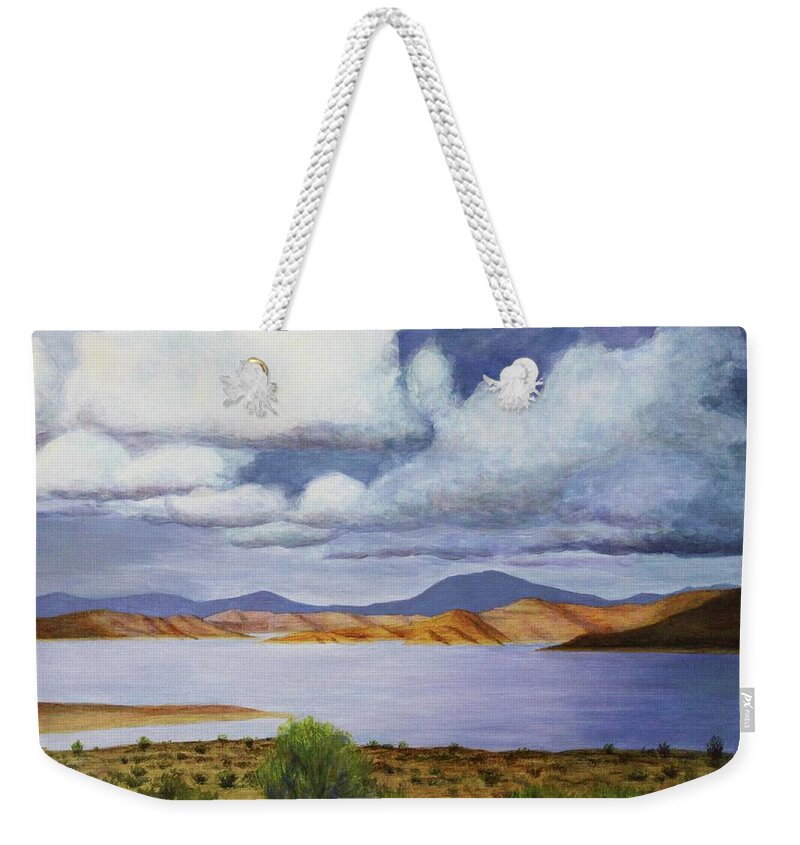 Kim Mcclinton Weekender Tote Bag featuring the painting Storm on Lake Powell - right panel of three by Kim McClinton