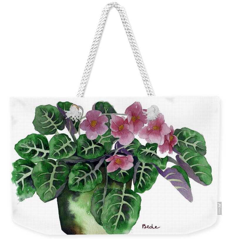 Africanviolet Pink Green Flower Watercolor Weekender Tote Bag featuring the painting Stormy by Catherine Bede