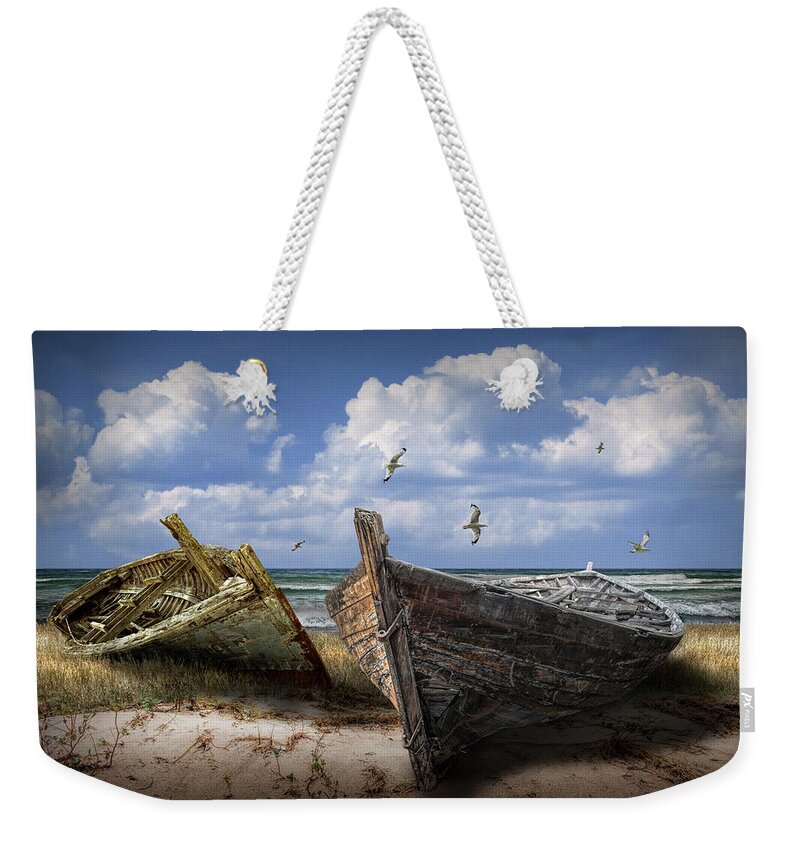 Boat Weekender Tote Bag featuring the photograph Stranded Boats on a Beach by Randall Nyhof