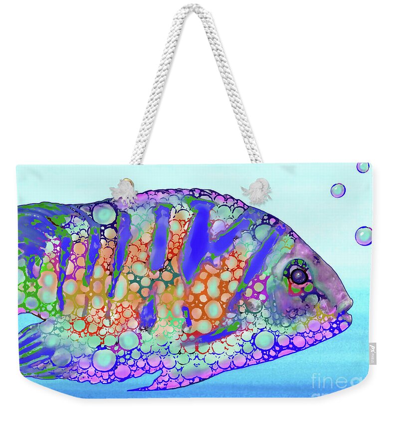 Fish Weekender Tote Bag featuring the mixed media Strange Fish Design 183 by Lucie Dumas