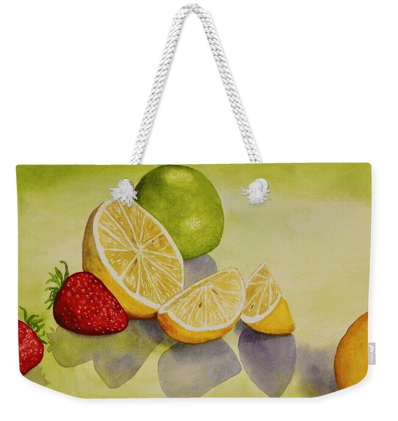 Kim Mcclinton Weekender Tote Bag featuring the painting Strawberry Lemonade by Kim McClinton