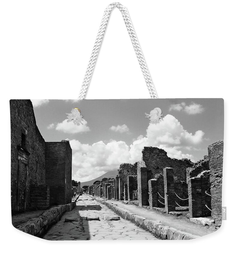 Road Weekender Tote Bag featuring the photograph Street In Pompeii Black And White by Debbie Oppermann