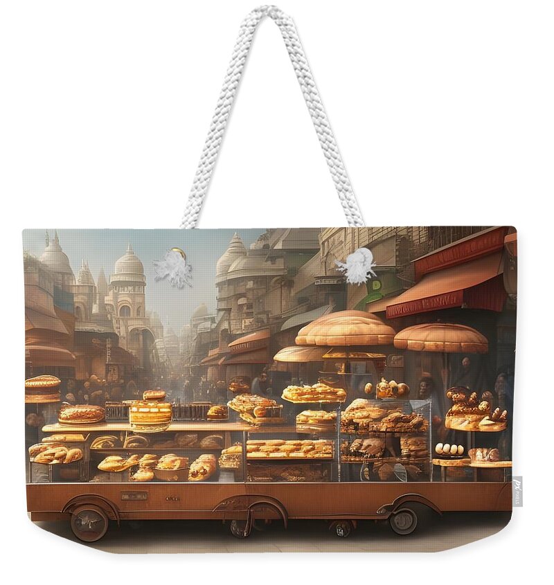 Digital Bread Pastry Cart Vendor Weekender Tote Bag featuring the digital art Street Pastry Cart by Beverly Read