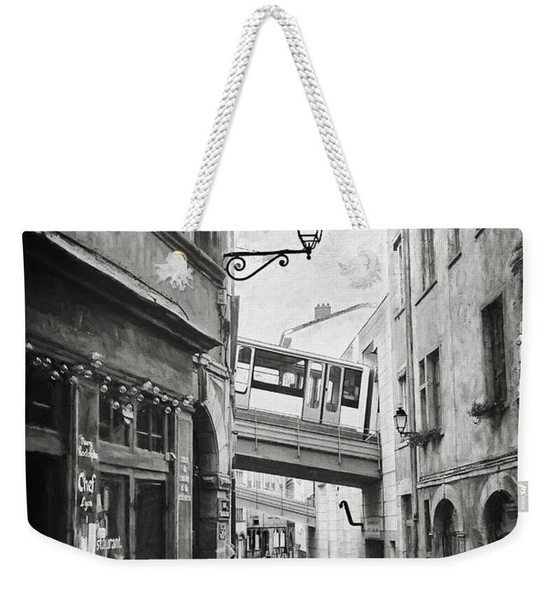 Lyon Weekender Tote Bag featuring the photograph Street Scenes of Vieux Lyon France Black and White by Carol Japp