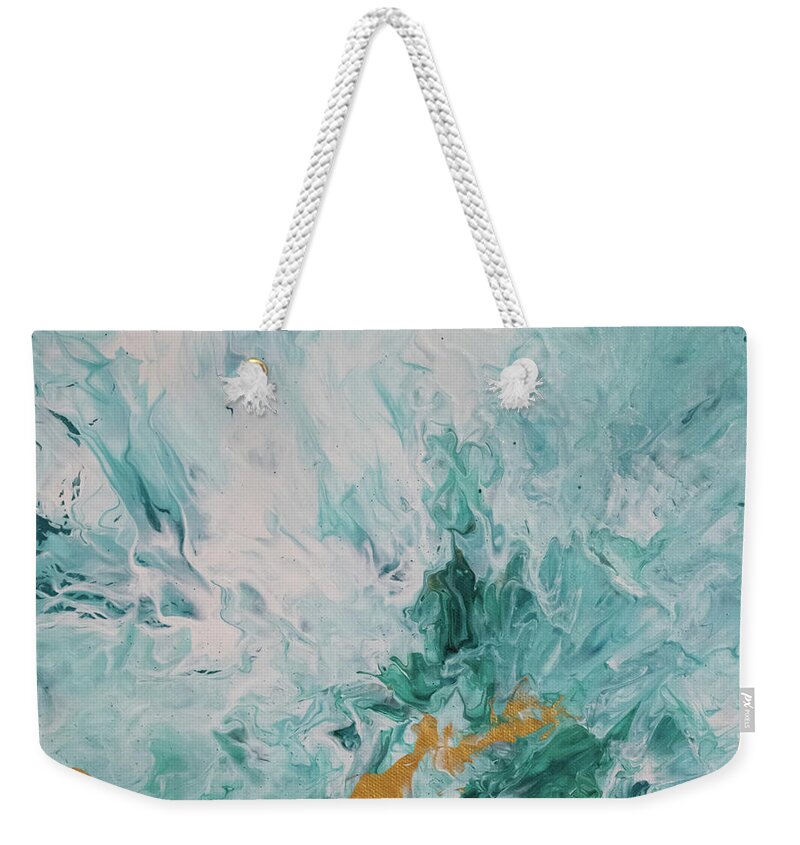 Green Weekender Tote Bag featuring the mixed media Stretch of Gold by Aimee Bruno