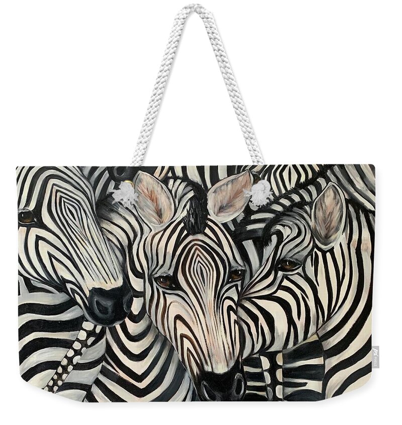 Zebras Weekender Tote Bag featuring the painting Stripes by Barbara Landry