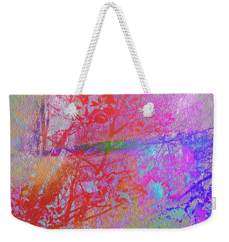 Colorful Weekender Tote Bag featuring the mixed media Sublime Colours Under the Trees and Sunkissed Abstract Landscape by Itsonlythemoon -