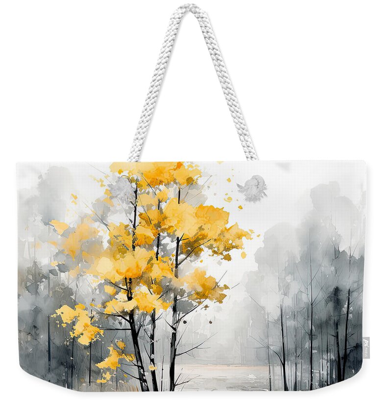 Yellow Weekender Tote Bag featuring the painting Subtle Grace - Yellow and Gray Wall Art by Lourry Legarde