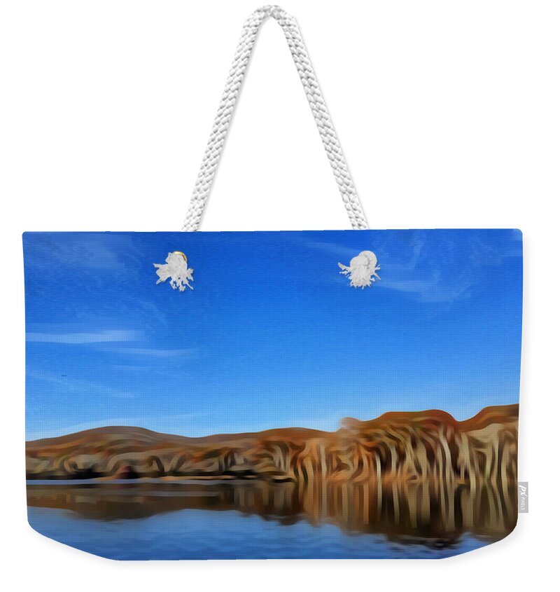Lake Weekender Tote Bag featuring the mixed media Subtle Reflections by Ally White