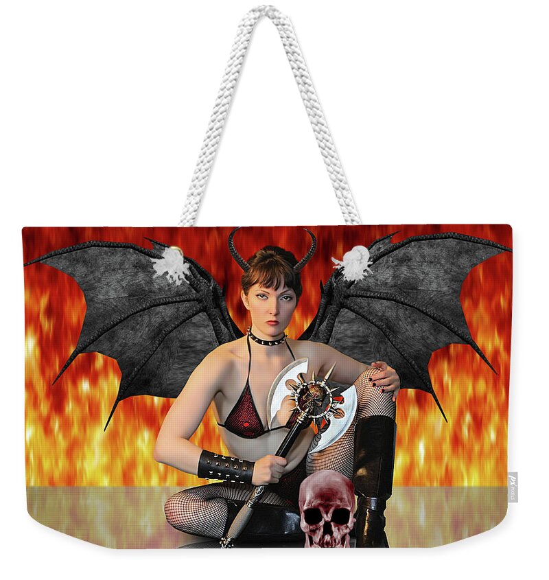 Succubus Weekender Tote Bag featuring the photograph Succubus With Ax and Skull by Jon Volden