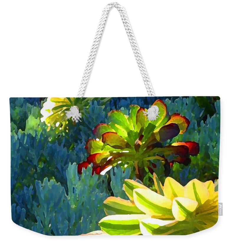 Succulent Weekender Tote Bag featuring the painting Succulents Backlit on Blue 2 by Amy Vangsgard
