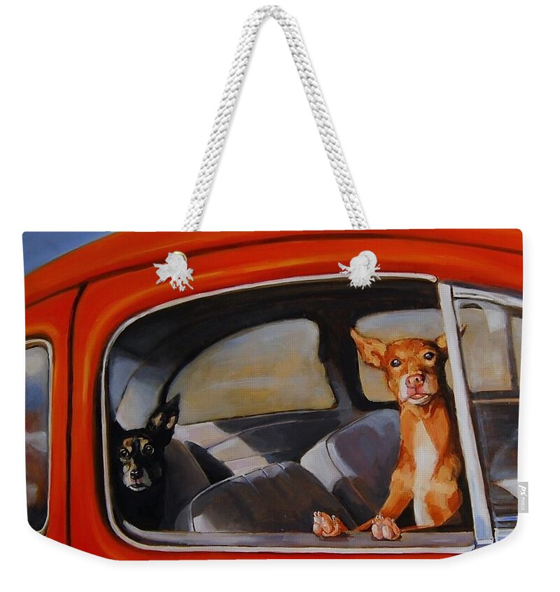 Dogs Weekender Tote Bag featuring the painting If We're Such Good Boys Why Did You Leave Us In The Car by Jean Cormier