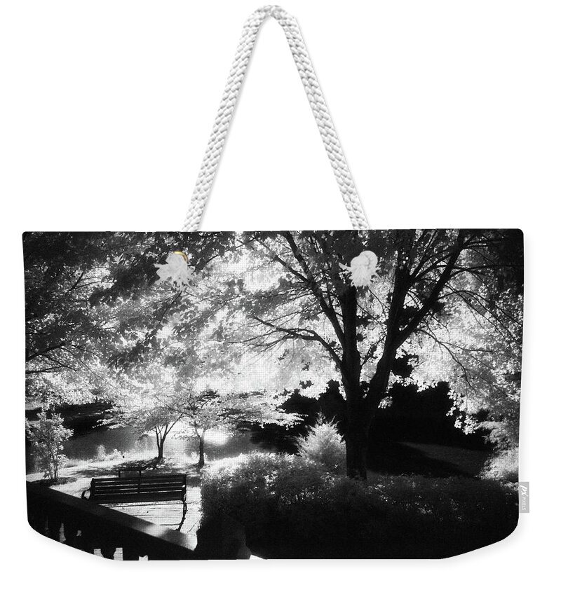 Infrared Black And White Weekender Tote Bag featuring the photograph Summer at Quiet Waters No.7 - Infrared Black and White Film Photograph by Steve Ember