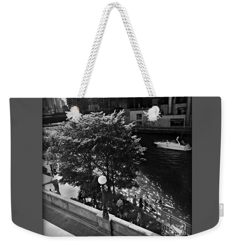 Urban Landscape Weekender Tote Bag featuring the photograph Summer Days on the Chicago River - Black and White by Frank J Casella