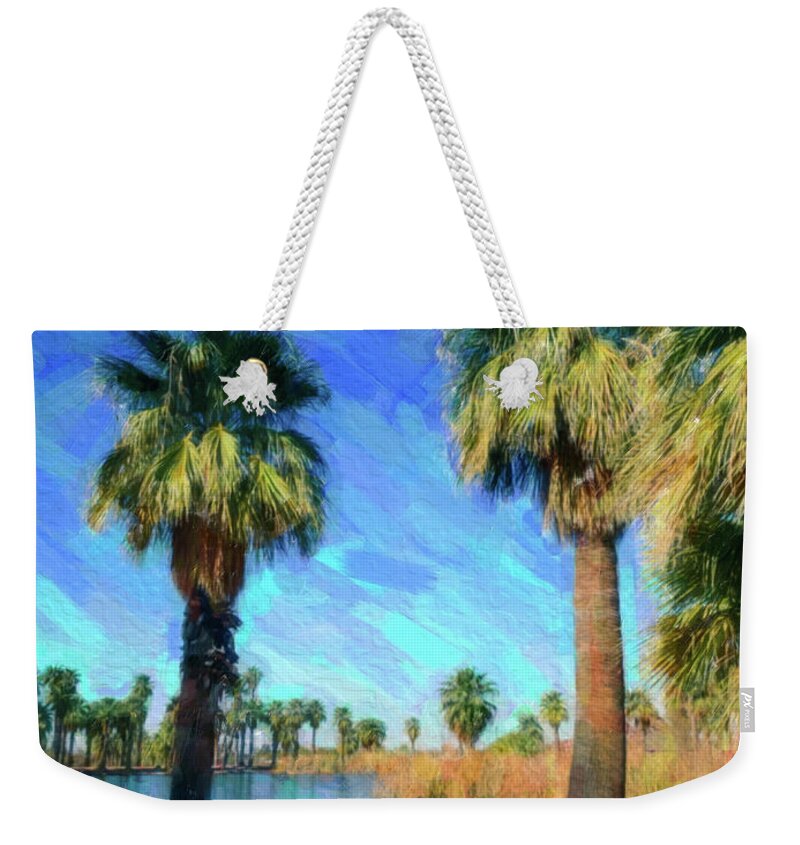Papago Weekender Tote Bag featuring the painting Summer palms by Darrell Foster