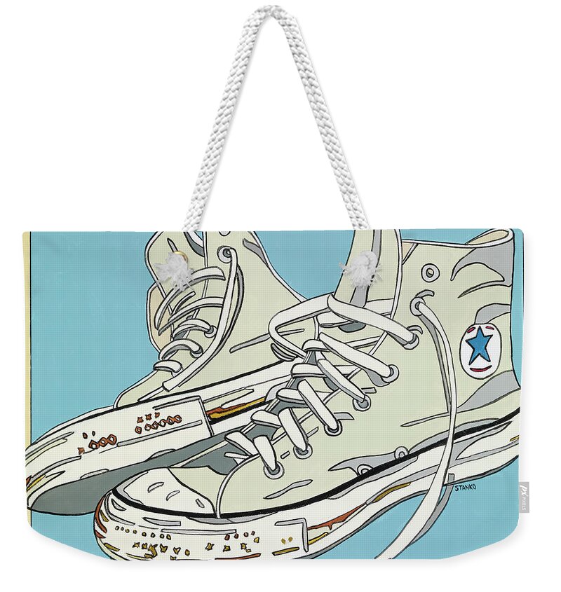 Sneakers High Tops Weekender Tote Bag featuring the painting Summer Sneakers by Mike Stanko