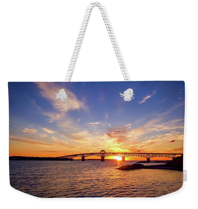 Coleman Bridge Weekender Tote Bag featuring the photograph Summer Sunrise on the York River by Rachel Morrison