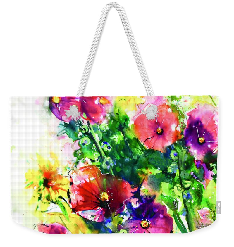 Hollyhocks Weekender Tote Bag featuring the painting Summer With The Hollyhocks by Cheryl Prather