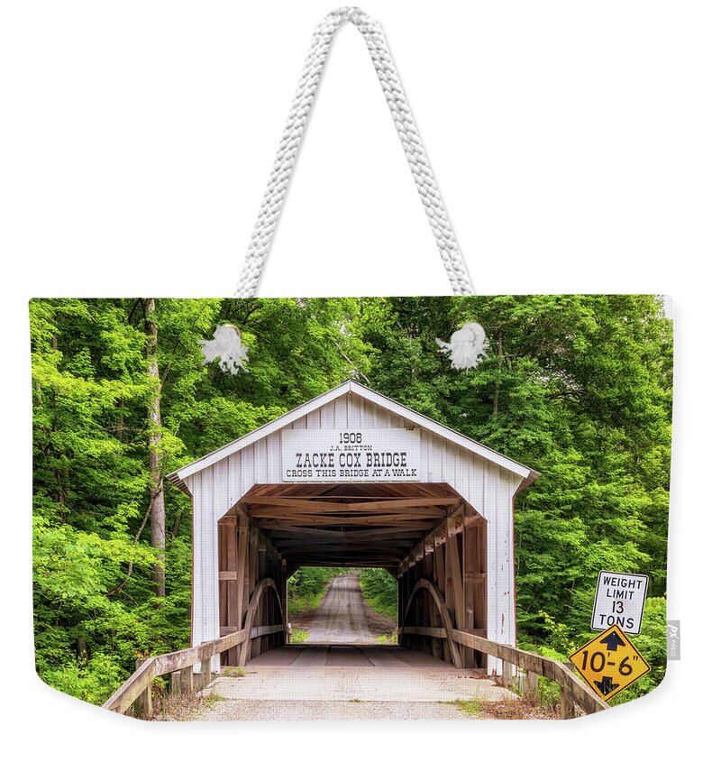 Parke County Weekender Tote Bag featuring the photograph Summertime at the Zacke Cox Covered Bridge by Susan Rissi Tregoning