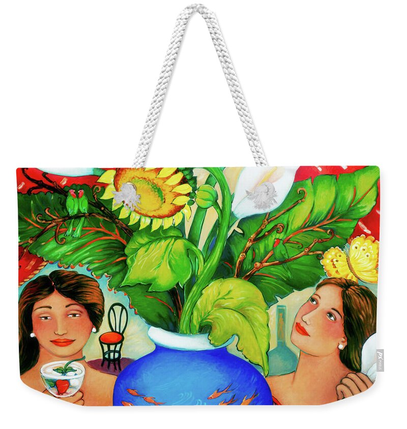 Sun Weekender Tote Bag featuring the painting Sun and Chair by Linda Carter Holman