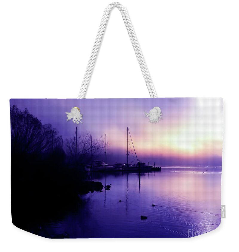 Tranquil Weekender Tote Bag featuring the digital art Sun and fog at Log Boom Park in Kenmore Washington by Eddie Eastwood
