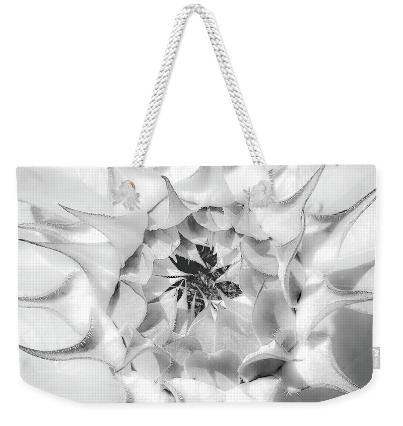 Sunflower Blossom Weekender Tote Bag featuring the photograph Sunflower Blossom Black and White Abstract by Rebecca Herranen