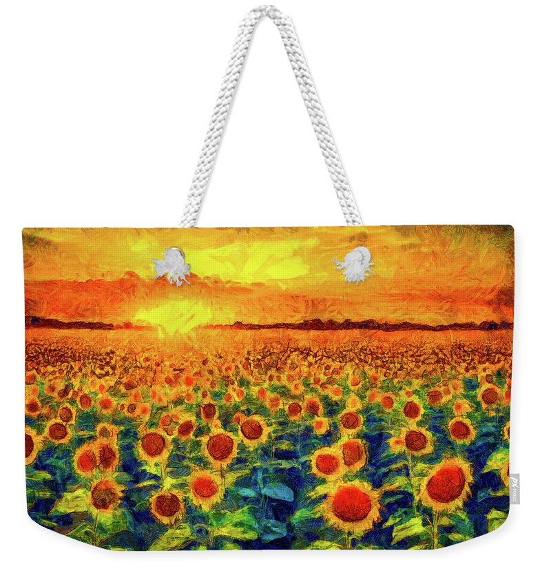 Sunflowers Weekender Tote Bag featuring the painting Sunflower Field at Sunset 01 by Matthias Hauser