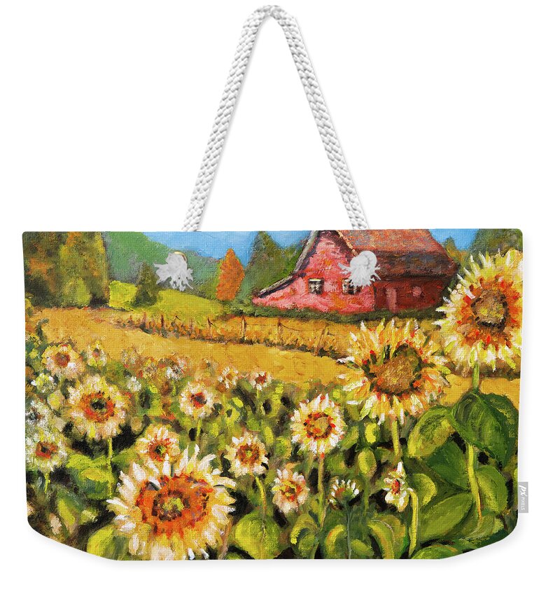 Sunflowers Weekender Tote Bag featuring the painting Sunflower Field by Mike Bergen