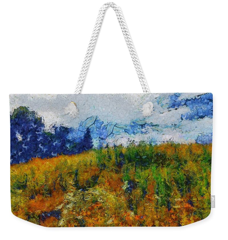 Sunflower Weekender Tote Bag featuring the mixed media Sunflower Hill by Christopher Reed
