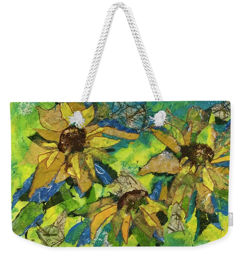 Sunflowers Weekender Tote Bag featuring the painting Sunflowers by the Sea by Elaine Elliott