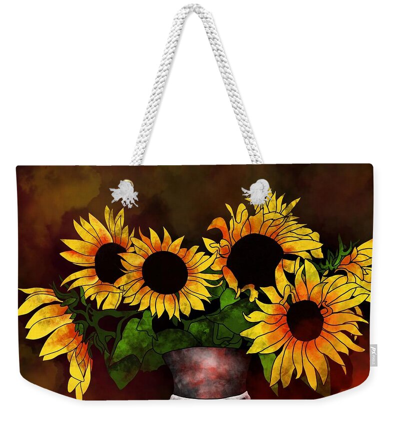 Sunflower Weekender Tote Bag featuring the photograph Sunflowers in a vase on dark background by Patricia Piotrak