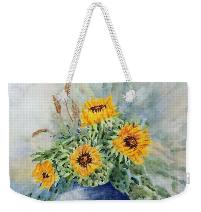 Sunflowers Weekender Tote Bag featuring the painting Sunflowers in blue vase by Milly Tseng