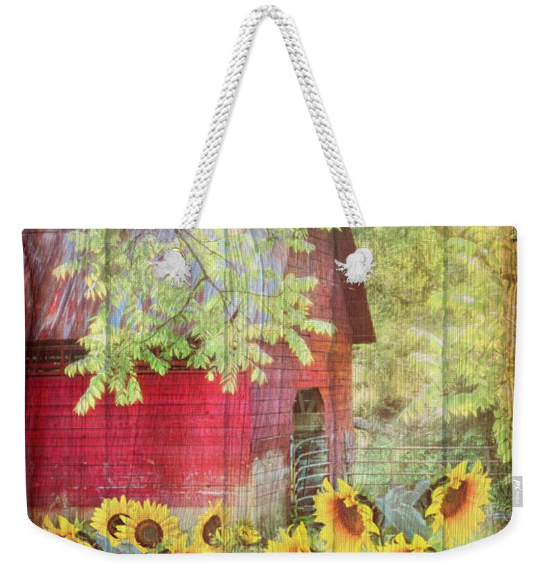 American Weekender Tote Bag featuring the photograph Sunflowers in the Garden with Wood Textures by Debra and Dave Vanderlaan