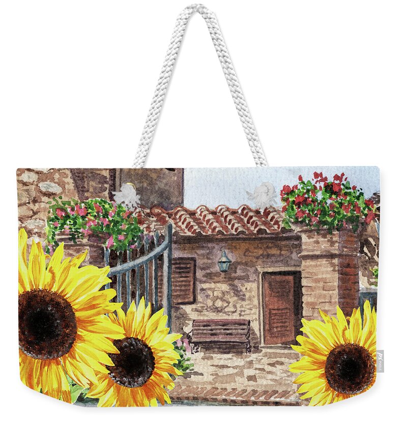 Sunflowers Weekender Tote Bag featuring the painting Sunflowers Of Tuscany Italy Vintage Town House In The Hills Watercolor by Irina Sztukowski