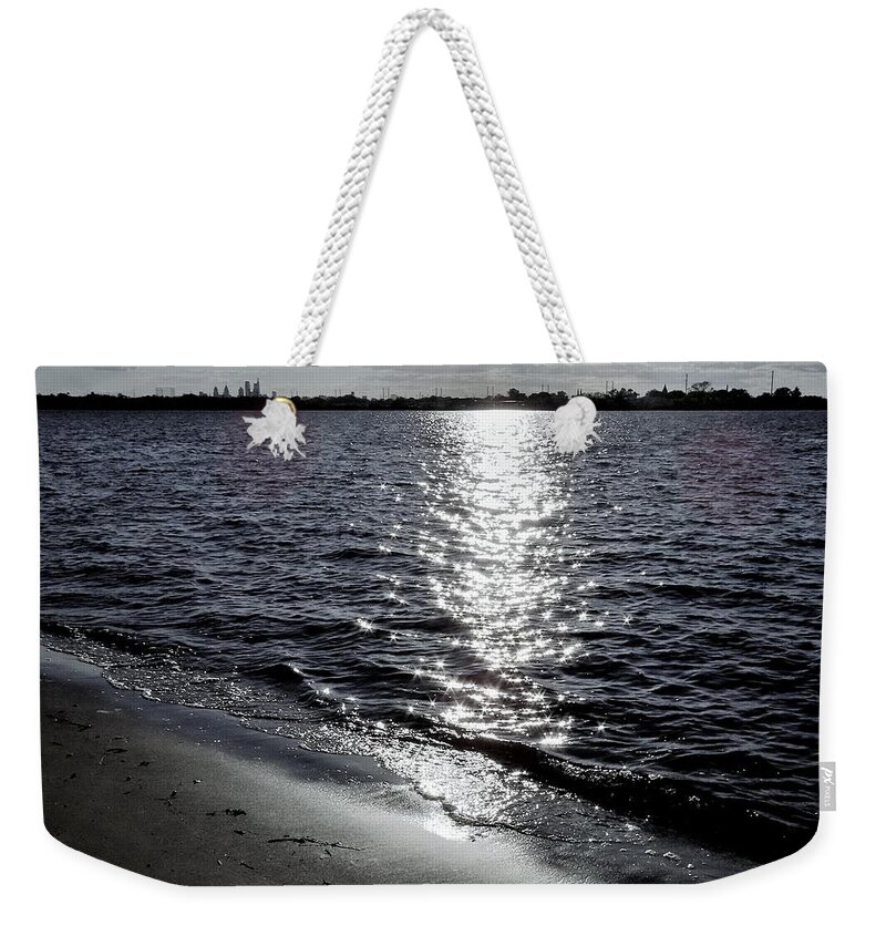 River Weekender Tote Bag featuring the photograph Sunlight Reflection on the Delaware River by Linda Stern