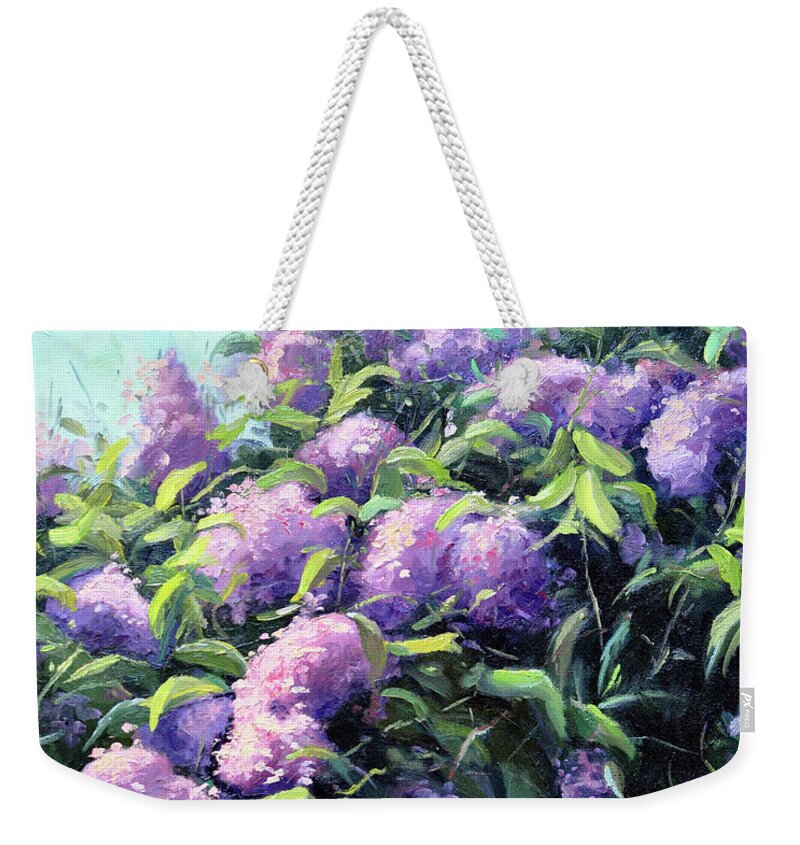 Lilacs Weekender Tote Bag featuring the painting Sunlit Lilacs by Rick Hansen