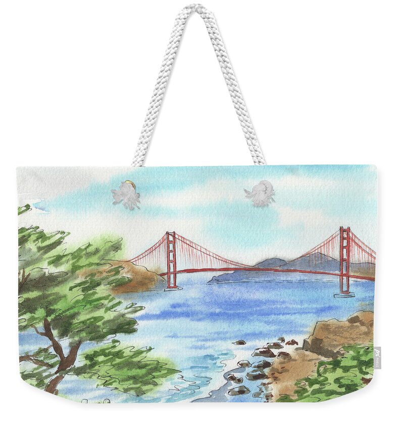 Golden Gate Weekender Tote Bag featuring the painting Sunny Day In San Francisco Bay Golden Gate Bridge Watercolor by Irina Sztukowski