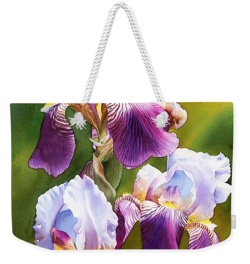Iris Weekender Tote Bag featuring the painting Sunny Irises by Espero Art