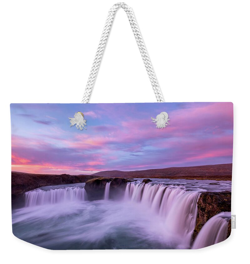 Godafoss Weekender Tote Bag featuring the photograph Sunrise at Godafoss waterfall by Alexios Ntounas