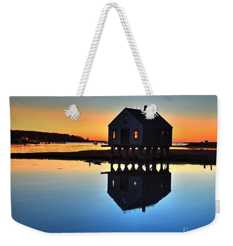 Cape Porpoise Weekender Tote Bag featuring the photograph Sunrise at the Fishing Shack by Steve Brown