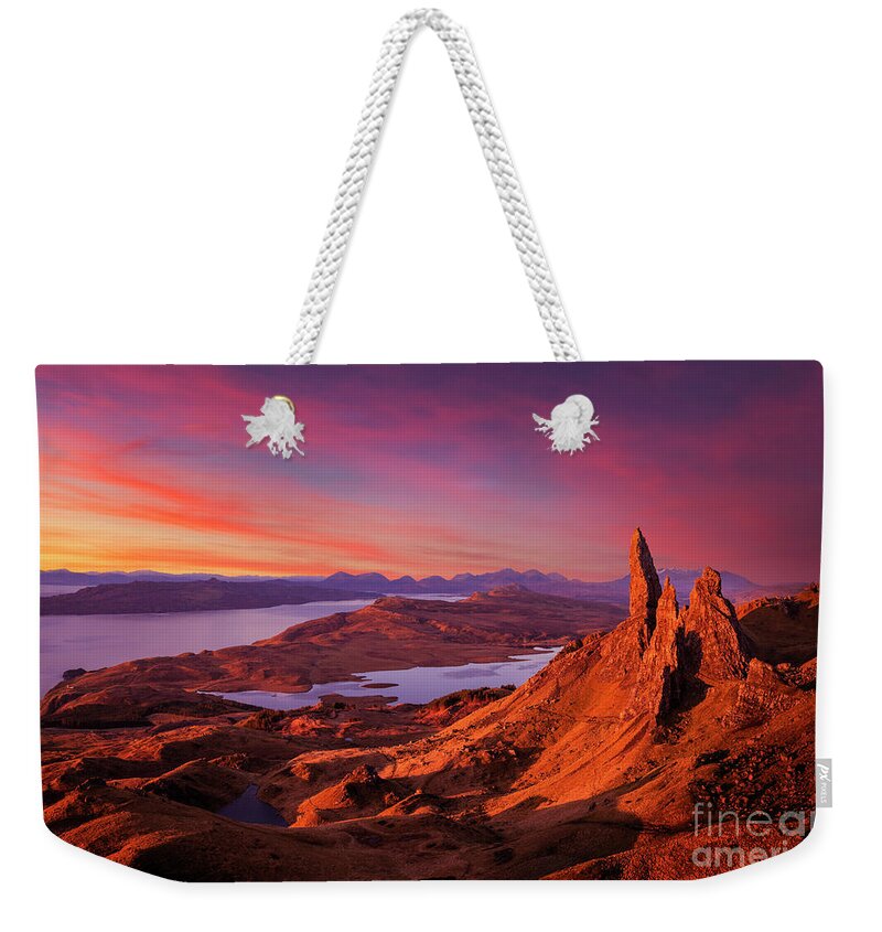 Scotland Weekender Tote Bag featuring the photograph Sunrise at the Old Man of Storr, Isle of Skye, Scottish Highlands, Scotland by Neale And Judith Clark