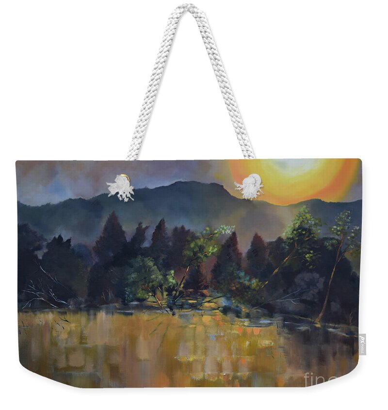 Lake Weekender Tote Bag featuring the painting Sunrise on a Misty Lake - Cherokee Lake - Tennessee by Jan Dappen