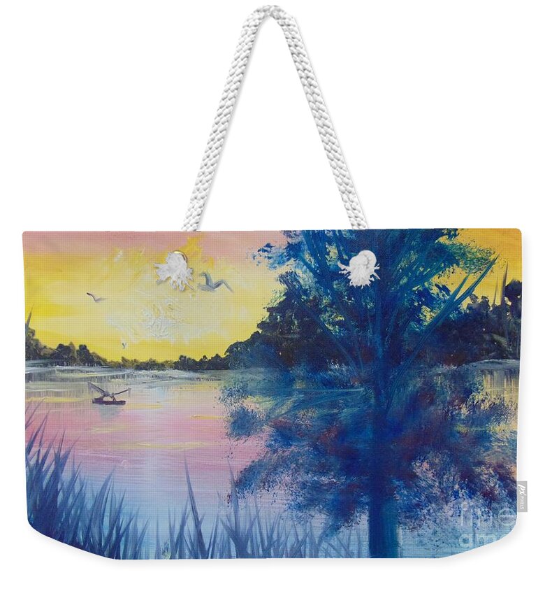 Fisherman Weekender Tote Bag featuring the painting Sunrise on the Lake by Saundra Johnson