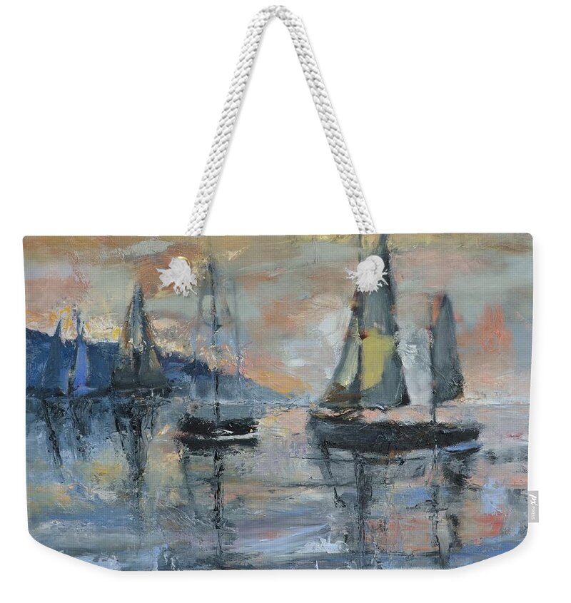Sailboat Weekender Tote Bag featuring the painting Sunrise Sail by Donna Tuten