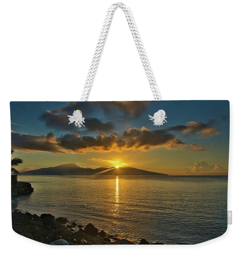 Tahitian Sunrise Weekender Tote Bag featuring the photograph Sunrise Sun Star Over Tahiti Island by Heidi Fickinger