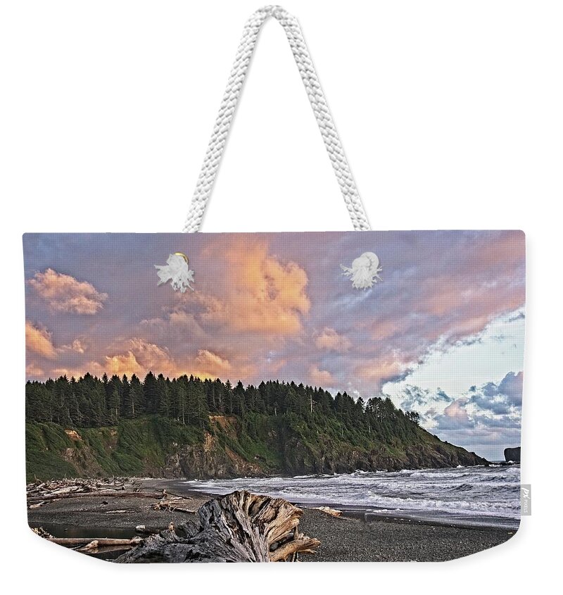 Rough Weekender Tote Bag featuring the photograph Sunset and driftwood by David Desautel