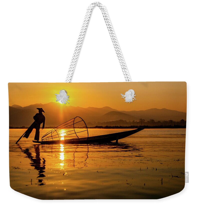 Inlelake Weekender Tote Bag featuring the photograph Sunset at Inle Lake by Arj Munoz