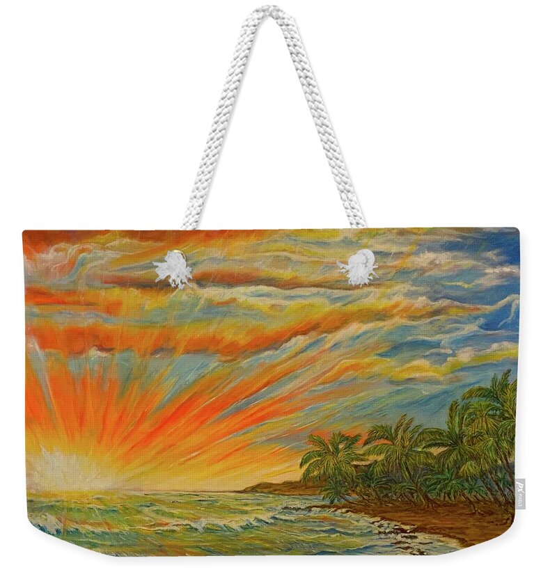 Brilliant Sunset Beach Sunset Weekender Tote Bag featuring the painting Sunset at Kumu nul Kahakai by Michael Silbaugh